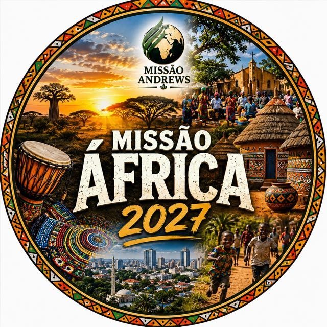 Selo da Missão África 2027, da Missão Andrews, com imagens de baobás, aldeias, crianças e instrumentos africanos
